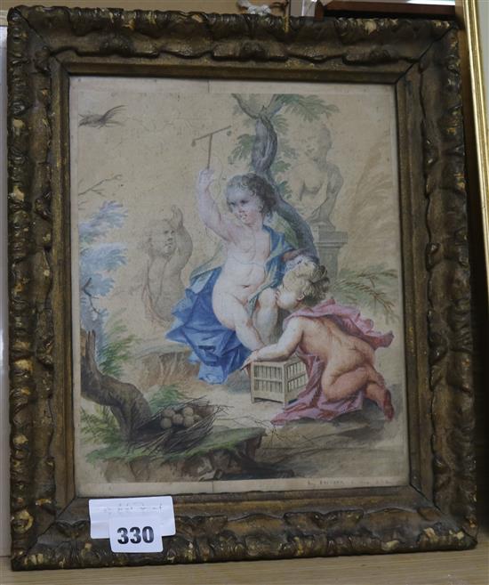 After Boucher, watercolour, study of putti, 25 x 20cm
